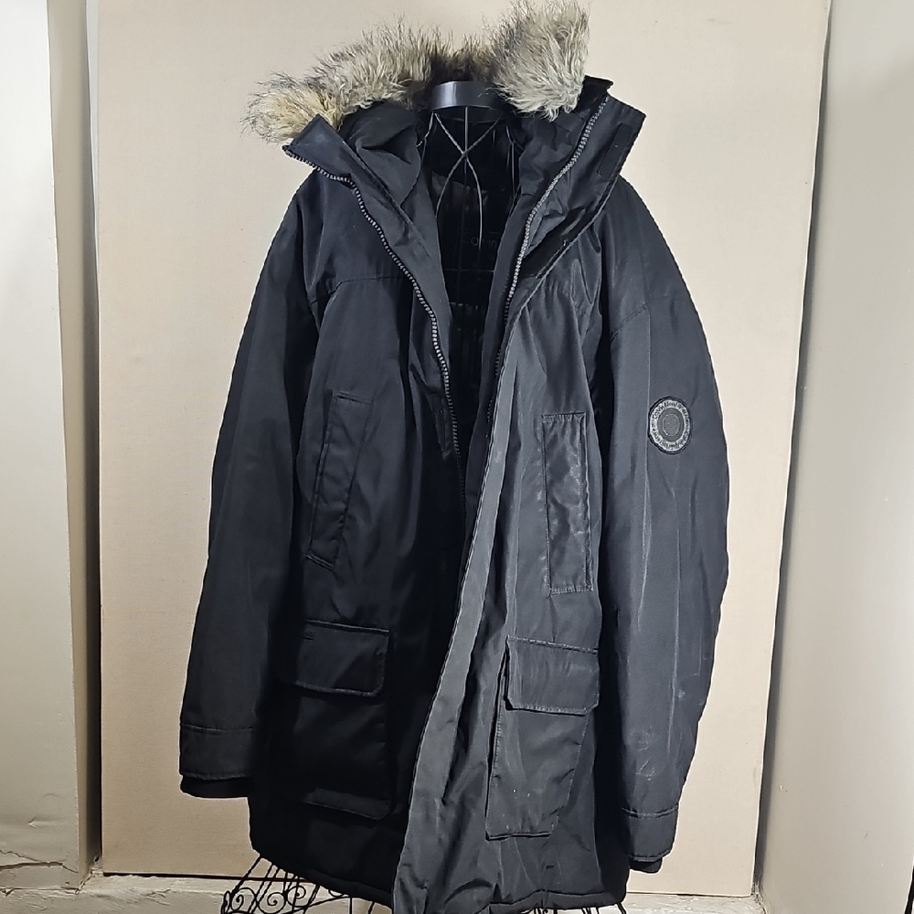Calvin Klein Dark Puffer Jacket with Fur Trim